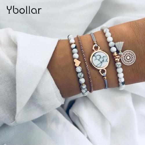1 set Bohemian Round Beaded Bracelet Women Charms Bangles Gold Chain Heart Friendship Bracelets Set Jewelry Party Gift