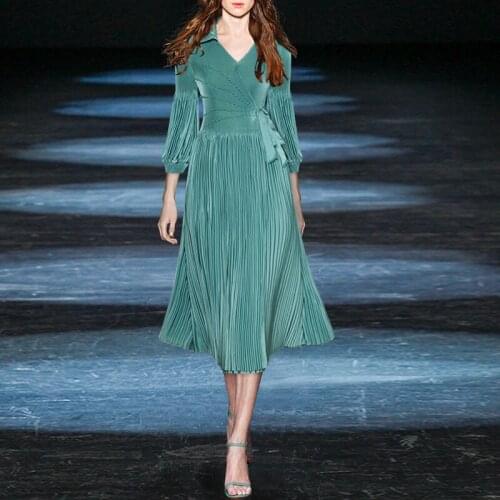 2021 Autumn Fashion Runway Dress Women Green Purple Orange Beading Belt Pleated Elegant Party Dresses