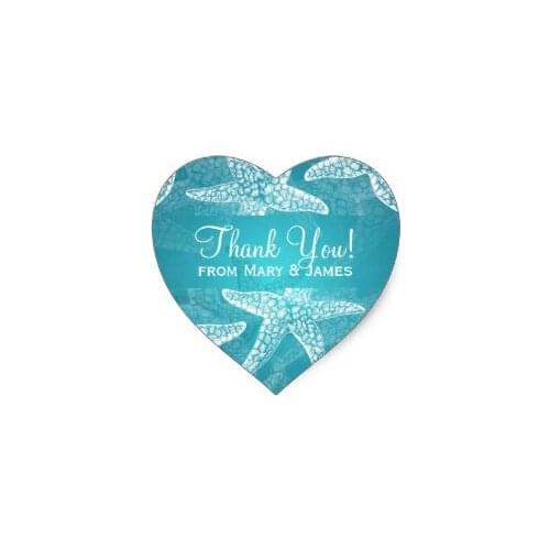3.8cm Beach Wedding Thank you Starfish Blue Heart Sticker