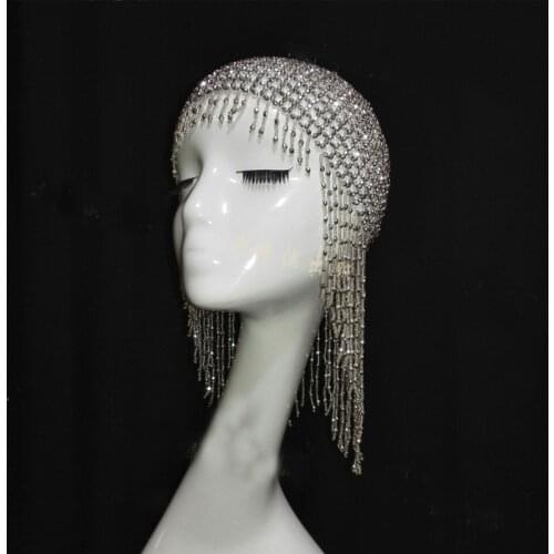 Bar Ds Dj Female Singer Dance Rhinestone Chain Wig Headdress Headgear Tassel Flashing Diamond Rave Costume Accessories XS1207