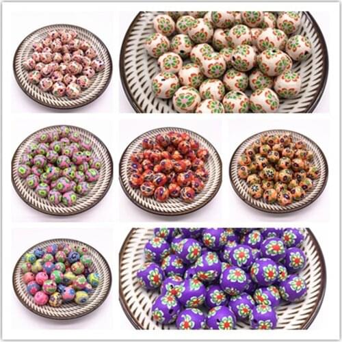 10pcs 12mm New Polymer Clay Flower Pattern Printing Beads Round Loose Beads DIY for Make Jewelry