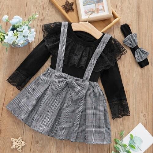 PatPat 3-piece Baby / Toddler Black Lace Top and Plaid Overalls Set with Headband for Baby Girl