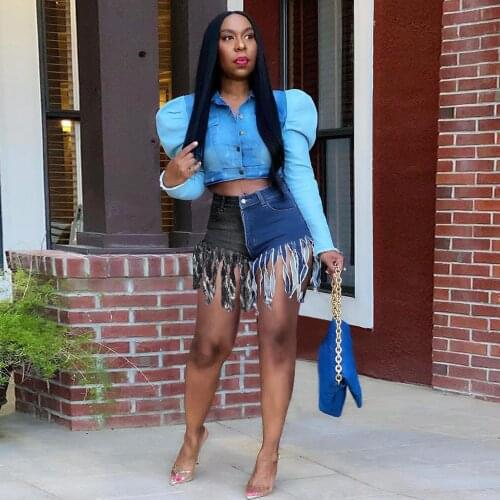 Contrast Color Tassels Spliced Denim Shorts Women Fashion High Waist Zipper Fly Biker Short Summer Female Skinny Beach Jeans