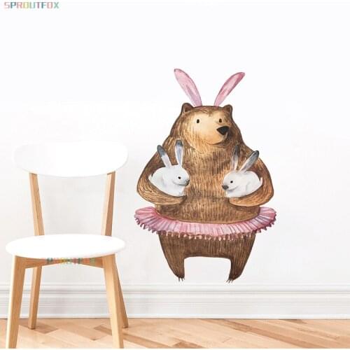 Bear Papa And His Little Rabbits Wall Stickers Nordic Style Baby Room Decoration Decor Cute Nursery Vinyl Wall Decal