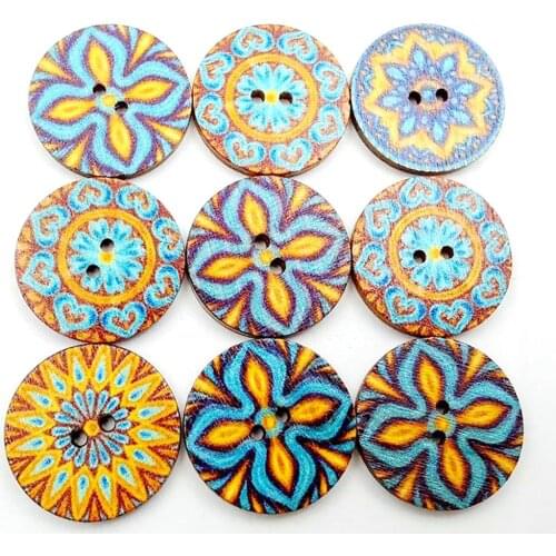 New 100Pcs Round Flower Print DIY Scrapbooking Wood Button Clothes Bag Sewing Decor