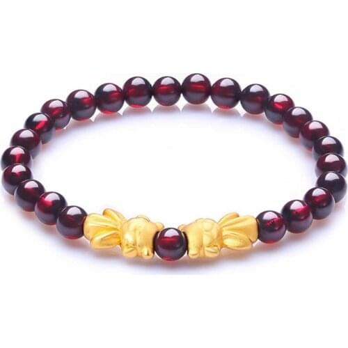 New Pure 999 24K Yellow Gold Red Garnet Bead Womens 3D Fish Bracelet 1.4-1.6g