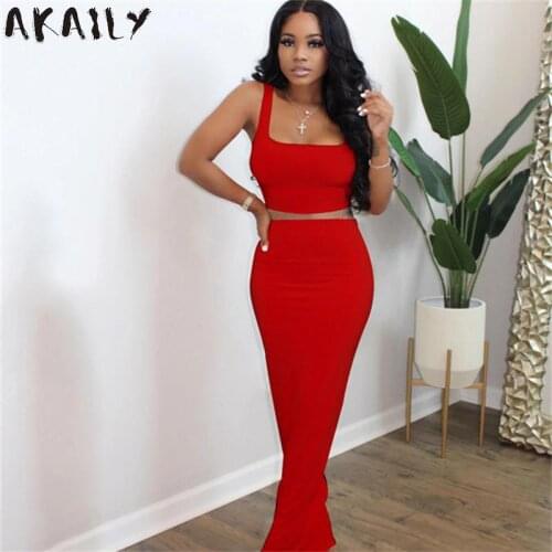Akaliy Autumn Streetwear Black 2 Two Piece Sets Womens Long Skirt Sets Outfits Sleeveless Crop Top Bodycon Dress Sets Suits 2021