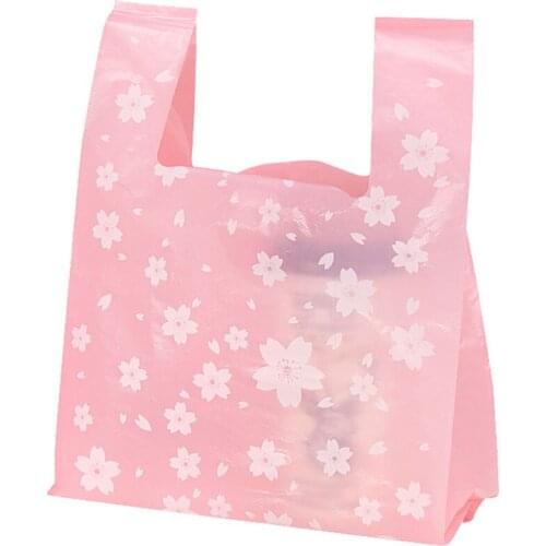 50pcs Cherry Blossoms Plastic Gift Bags For Packaging Pink Vest Shopping Storage Bag Cake Baking Food Container Wrapping Pouches