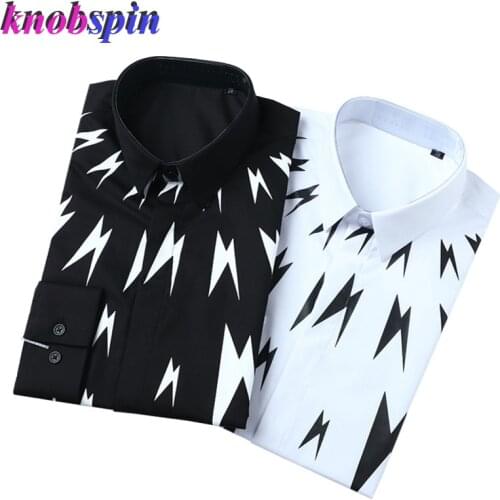 100% Pure Cotton Shirt Men Brand Lightning Printed Chemise homme Long Sleeve Slim Casual Business male Dress Shirts Plus size