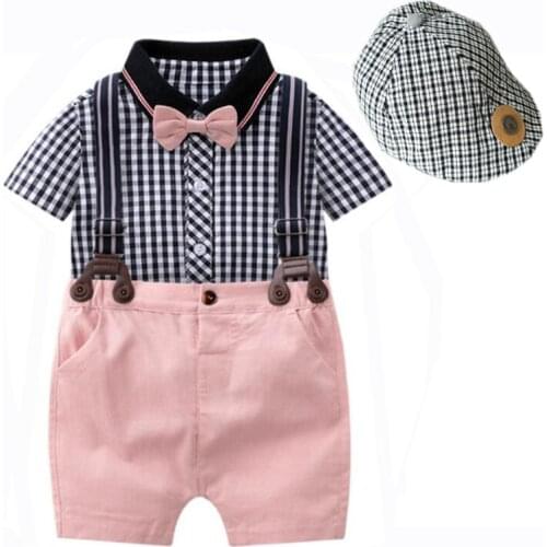 Fashion Gentleman Baby Boy Summer Clothes Set 100% Cotton Cap+romper 2pcs Wedding Party Birthday Kids Boy Outfits Clothing Suit