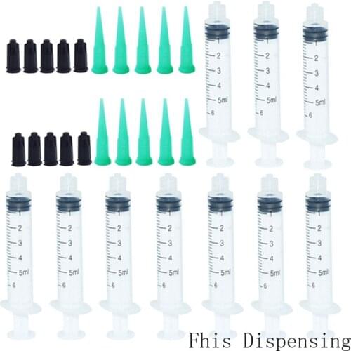 5ml Syringes Luer Lock Slip Tip,18GTapered Green Dispensing Tips and Black Caps Pack of 10