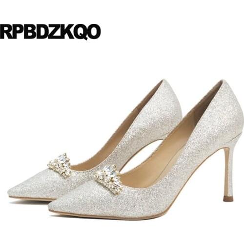 Rhinestone Diamond Stiletto Ladies 2018 Glitter High Heels Pointed Toe 3 Inch Crystal Pumps Silver Bling Wedding Shoes Size 4 34