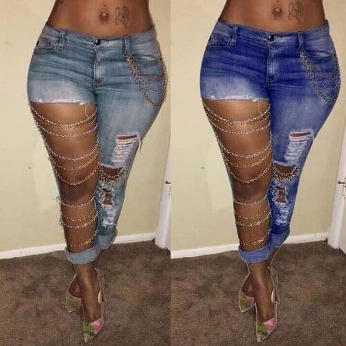 2021 Womens Ripped Jeans Fashion Sexy Light Slim Chain Denim Pants Ladies Streetwear Elasticity Pencil Pants Trousers