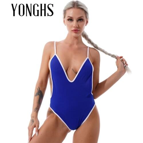 Womens Sexy Swimwear Swimsuit Deep V Neck Straps Open Back Bodycon Hollow Out Side Leotard Bodysuit Wetlook Hot Bikini Beachwear