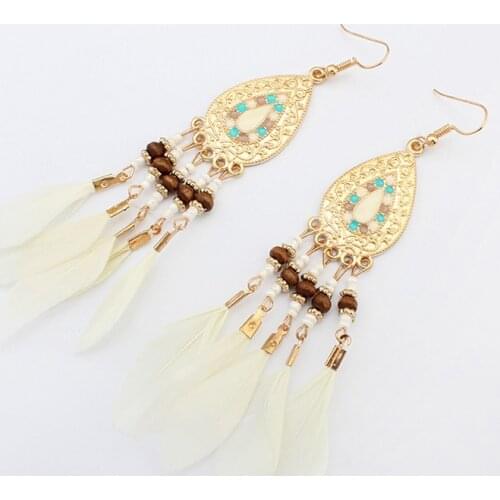 Ambrum Colorful Feather Dangle Earrings Women Beaded Drop Pendant Earring Handmade Bohemian Jewelry