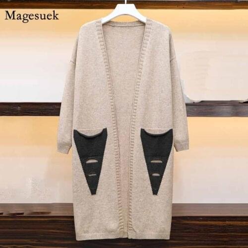 Women Loose Color Matching Chic Pocket Mid-length Elegant Sweater Plus Size Cardigan 2020 Autumn New Korean Style Sweater 11866