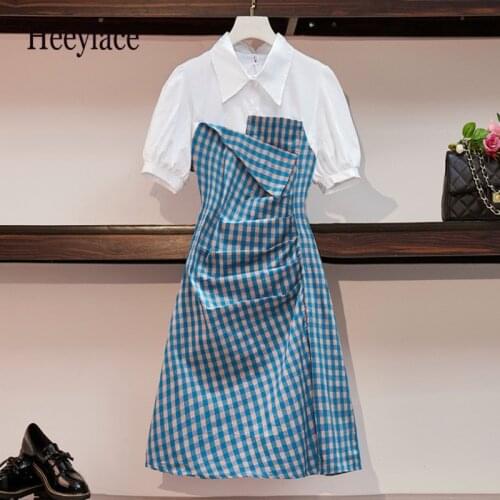 Plus size women Summer plaid vintage A-line dress office ladies turn down collar short sleeve drapped women dress pleated robe