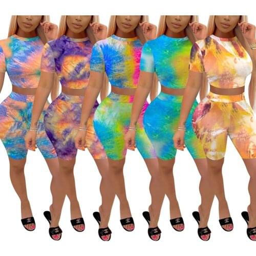 2021 New Fashion Women Sports Two Piece Set Female Tie-dye Lace up Backless Pullover Top+High Waist Tight Shorts Casual Suit