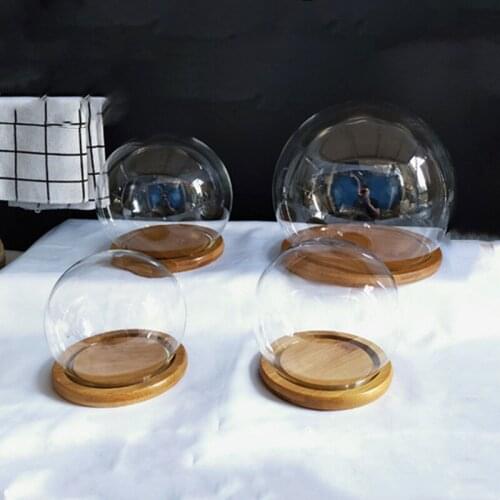 Free Shipping Diameter=13cm 15cm 20cm Bamboo Base Glass Dome Vase Home Decoration Transparent Cove Wedding Gift