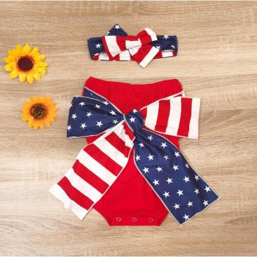 Baby Girl Casual Strapless Romper Unique Independence Day Big Bow Jumpsuits Headband Summer Baby Bodysuits