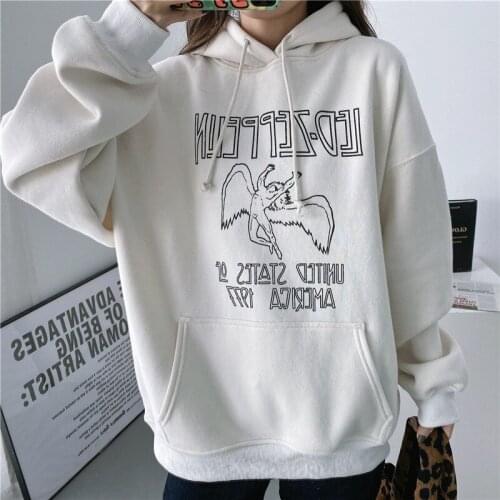 Women Angel Print Front Oversized Hoodie Fleece Hooded Sweatshirt In Beige S034