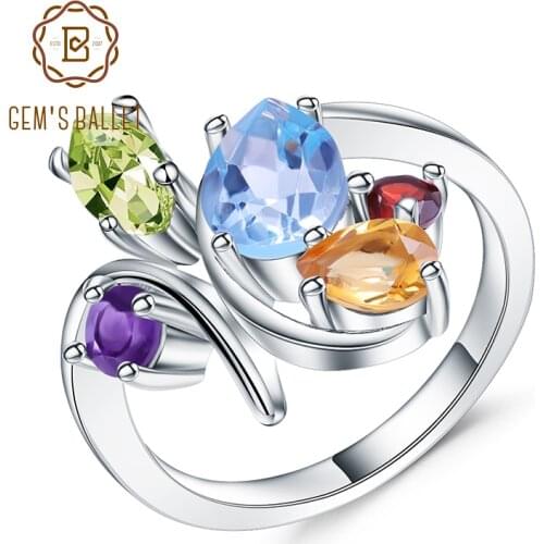Gems Ballet Flower Multicolor Natural Amethyst Garnet Peridot Citrine Topaz Cocktail Ring 925 Sterling Silver Ring For Women