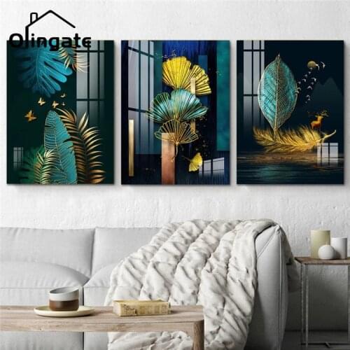 Nordic Plant Animal Forest Canvas Painting Abstract Gold Leaf Deer Bird Wall Art One Piece Canvas Poster Bathroom Home Room Deco