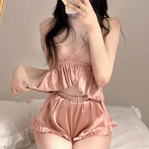 Summer Pajamas Set for Women Sleepwear Nightwear Sexy Lingerie Two Piece Underwear Set Lace Ruffled Satin Silk Tops and Shorts