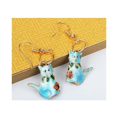 Handcrafted Colorful Cute Enamel Cat Earrings Cloisonne Filigree Eardrop Ladies Accessories Ear Dangle Animal Copper Jewellery