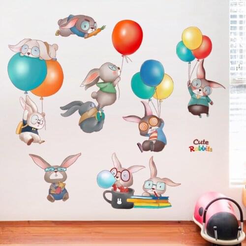 Colorful Balloon Cartoon Rabbit Wall Stickers Kids Room Nursery Wall Decoration Self-adhesive Mural Bedroom Decals for Furniture
