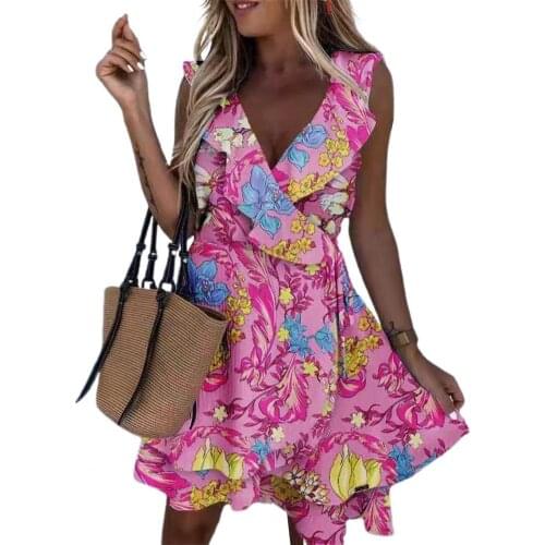 Summer Women Dress Casual V Neck Floral Print A-Line Sexy Ladies Sundress Sleeveless Office Lady Beach Mini Dresses
