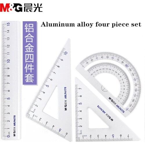 Aluminum alloy four piece ruler, student stationery ruler + triangle ruler + protractor multifunctional school office stationery