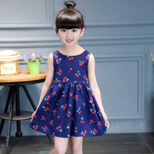 Fashion Baby Girls Sweet Cheery Printed Sleeveless Holiday Tank Dresses Backless Ribbon Bowknot Dress