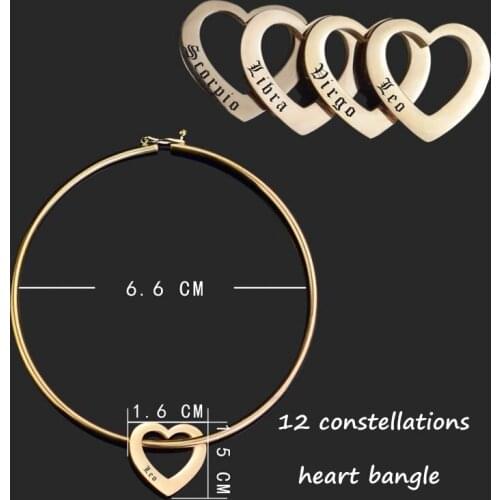 Fashion Simple 12 Constellation Engraved Stainless Steel Bangle with Heart Shape Charm Bracelet for Women Gift