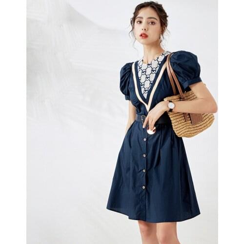 2021 summer new palace style retro color splicing bubble sleeve dress