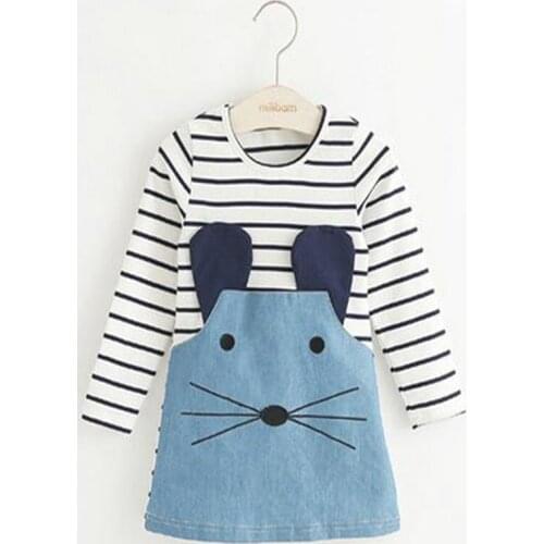 New Girls Dresses Kids White Striped Mouse Patchwork Cotton Dresses Casual Children Vestido