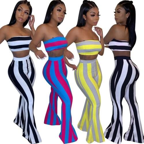 Striped sexy fashion two piece set night club women bra top and high waist flare pants sexy club outfit 5253