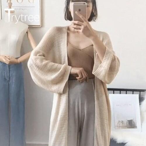 Trytree Spring Women Casual Long Coat Loose Solid 2 Color Knitting Cardigans Fashion Temperament All-Purpose Style Long Coat