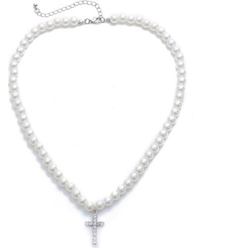 Vintage Pearl Necklace Crystal Cross Rhinestone Pendant Simply Pearl Beads Cross Chokers Necklaces Women Fashion Jewelry X4YA