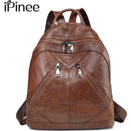 IPinee Vintage Patchwork Real Leather Women Backpacks Travel Shoulder Bags Girl School Pack