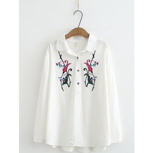 Plus Size Womens XL-4XL Cotton Blouse Floral Embroidery Long Sleeved Spring Summer Blusas Vintage Tops