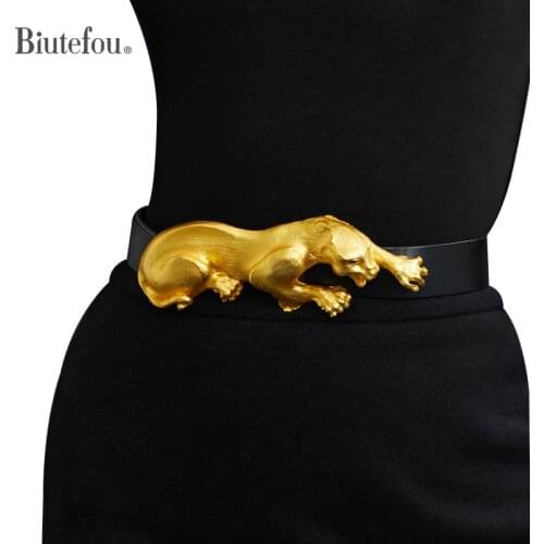 Women Exquisitely Carved Leopard First Layer Cowhide Belt Clothes Decoration