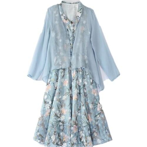 New Summer Womens Dresses Suits Spring Autumn Long Sleeve Lady 2 Piece Sets Large Size Female Cardigans Chiffon Floral Dress