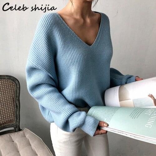 SHIJIA Blue Loose Sweater Woman V-neck Autumn Winter 2021 Long-sleeve Jumper Korean Tops Fall Chi Knitted Pullover Female