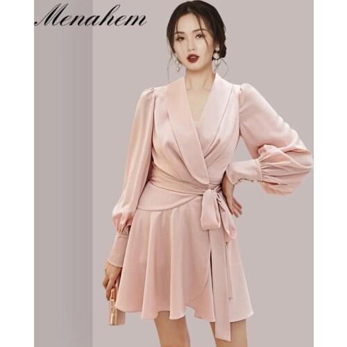 2021 Women Sexy V-Neck Lantern Long-Sleeved Belt Vintage Dresses Elegant Pink Satin Dress Autumn Casual Party Dress Vestidos