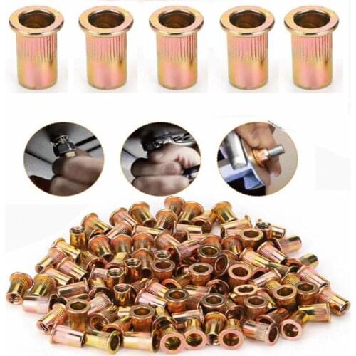 25pcs M1/4-20 Carbon Steel Rivet Nut Box Color Plated Zinc Flat Head Vertical Pattern Rivet Nut Knurled