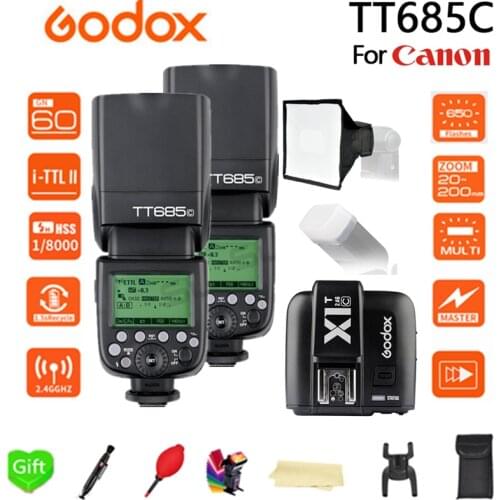 2pcs Godox TT685 TT685C 2.4G Wireless TTL High-speed sync 1/8000s GN60 Flash Speedlite + X1T-C Transmitter for Canon DSLR Camera