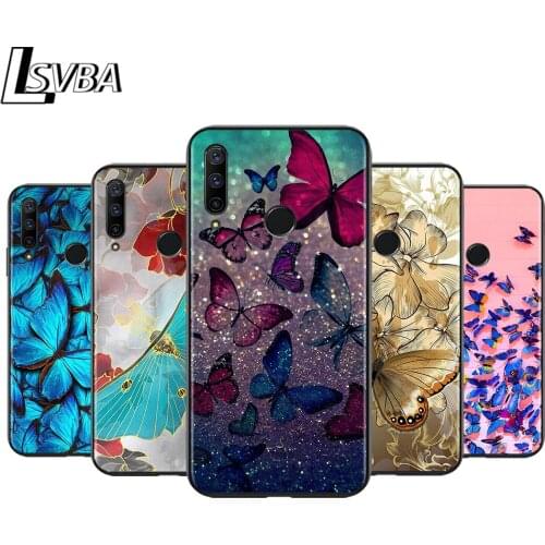 Black Soft TPU Cover Butterfly on flower for Honor 9X 9 Lite 8S 8C 8X 8A 8 2019 2020 7A 7S 7C Pro Phone Case