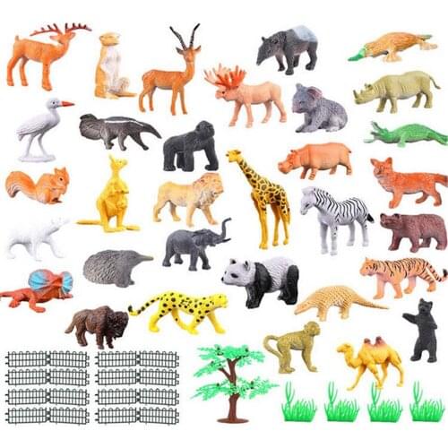 Kids 53PCS Plastic Mini Simulation Jungle Wild Animals Lion Panda Tiger Elephant Zebra Hippo Fox Elk Models Figure Education Toy