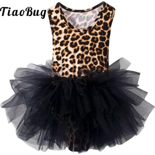Kids Girls Leopard Sleeveless Athletic Lyrical Dance Costumes Parties Dancewear Ballerina Ballet Gymnastics Leotard Tutu Dress
